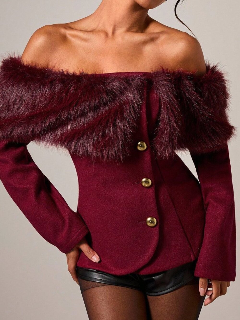 Red Party Women's Fluffy Off-Shoulder Long Sleeve Single-Breasted Blouse